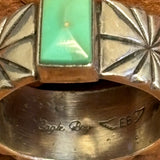 Royce "Eagle Boy" Kohlmeyer, Jemez Pueblo Sterling Silver and Turquoise Wide Band Ring, vintage Native American-size 8.5   (5/153)