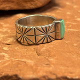 Royce "Eagle Boy" Kohlmeyer, Jemez Pueblo Sterling Silver and Turquoise Wide Band Ring, vintage Native American-size 8.5   (5/153)