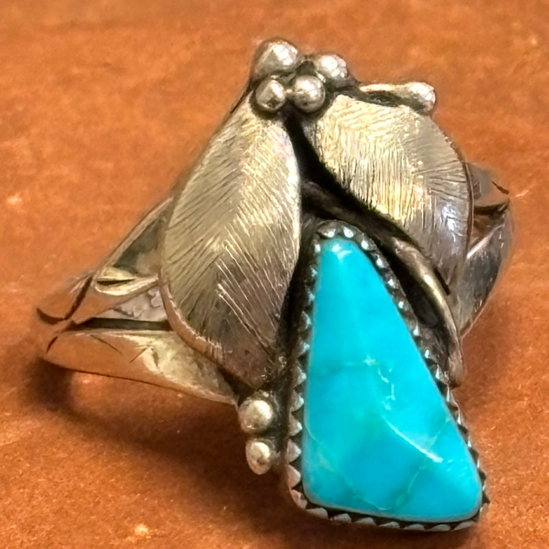 Royce "Eagle Boy" Kohlmeyer, Jemez Pueblo Sterling Silver and Turquoise Leaf Design Ring, vintage Native American-size 8.5   (5/155)