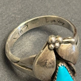 Royce "Eagle Boy" Kohlmeyer, Jemez Pueblo Sterling Silver and Turquoise Leaf Design Ring, vintage Native American-size 8.5   (5/155)