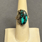 Royce "Eagle Boy" Kohlmeyer, Jemez Pueblo Sterling Silver and Turquoise Ring with Sunburst Shank, vintage Native American-size 6   (5/169)