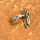 Royce "Eagle Boy" Kohlmeyer, Jemez Pueblo Sterling Silver and Turquoise Ring with Sunburst Shank, vintage Native American-size 6   (5/169)