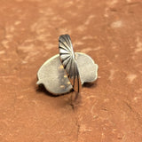 Royce "Eagle Boy" Kohlmeyer, Jemez Pueblo Sterling Silver and Turquoise Ring with Sunburst Shank, vintage Native American-size 6   (5/169)