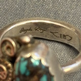 Royce "Eagle Boy" Kohlmeyer, Jemez Pueblo Sterling Silver and Turquoise Ring with Sunburst Shank, vintage Native American-size 6   (5/169)
