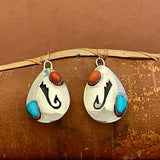 Authentic Vintage Navajo Overlay Dangle Earrings with Turquoise and Coral 1/502)