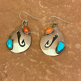 Authentic Vintage Navajo Overlay Dangle Earrings with Turquoise and Coral 1/502)