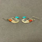 Authentic Vintage Navajo Overlay Dangle Earrings with Turquoise and Coral 1/502)