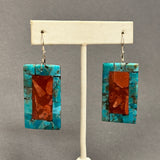 Santo Domingo Turquoise and Spiny Oyster Shell Mosaic Dangle Earrings, Authentic Native American    (5/262)