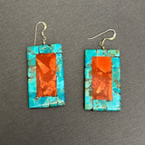 Santo Domingo Turquoise and Spiny Oyster Shell Mosaic Dangle Earrings, Authentic Native American    (5/262)