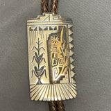 Authentic Hopi Sterling Silver and 14k Gold Overlay Bolo Tie with Kachina Design - Milson Taylor? (SS137)
