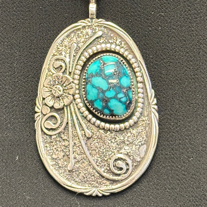 Royce "Eagle Boy" Kohlmeyer, Jemez Pueblo Sterling Silver Floral Pendant Necklace with Natural Turquoise, vintage Native American  (5/160)
