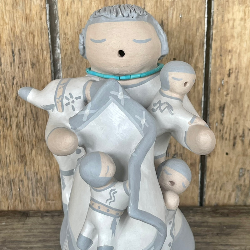 Ramona "Mona" Teller, Isleta Pueblo Clay Storyteller Sculpture with Five Babies and Turquoise Necklace, authentic Native American   (AR14)