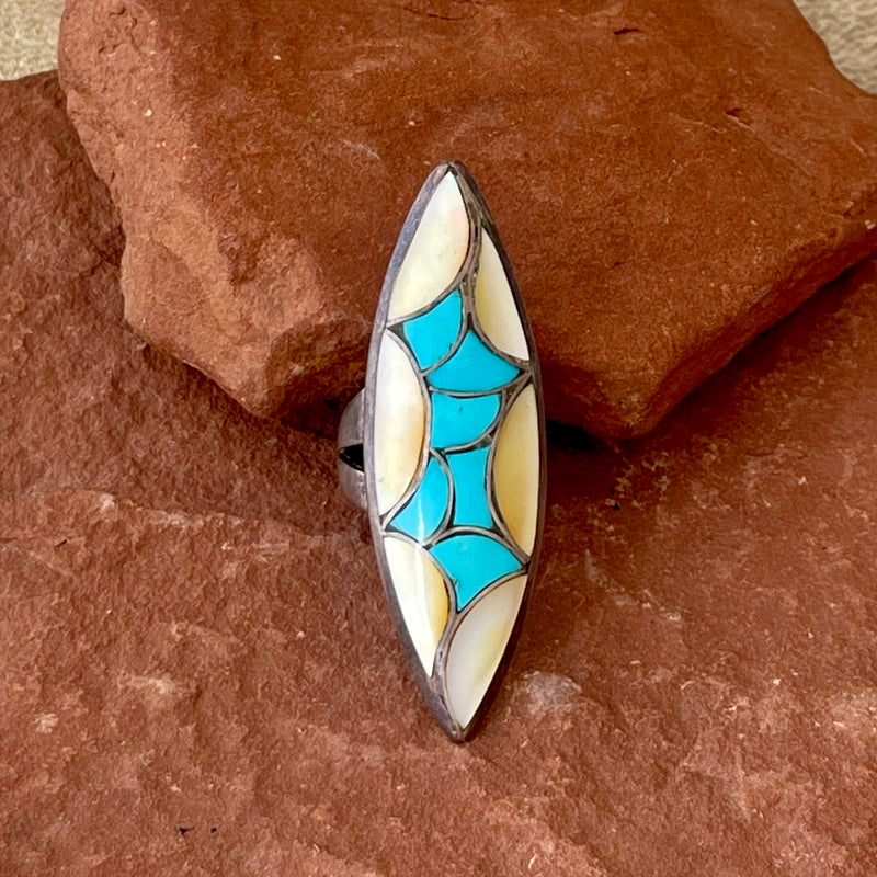 Zuni Inlay Sterling Silver Ring with Turquoise and Yellow Mother of Pearl-vintage, size 7 1/2   (AS191)