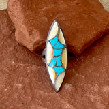 Zuni Inlay Sterling Silver Ring with Turquoise and Yellow Mother of Pearl-vintage, size 7 1/2   (AS191)