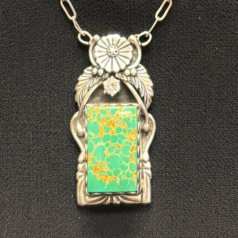 Royce "Eagle Boy" Kohlmeyer, Jemez Pueblo Sterling Silver Pendant Necklace with Green Turquoise and CZ, vintage Native American (5/163)