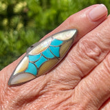 Zuni Inlay Sterling Silver Ring with Turquoise and Yellow Mother of Pearl-vintage, size 7 1/2   (AS191)