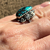 Royce "Eagle Boy" Kohlmeyer, Jemez Pueblo Sterling Silver and Turquoise Ring with Sunburst Shank, vintage Native American-size 6   (5/169)