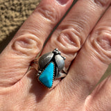 Royce "Eagle Boy" Kohlmeyer, Jemez Pueblo Sterling Silver and Turquoise Leaf Design Ring, vintage Native American-size 8.5   (5/155)