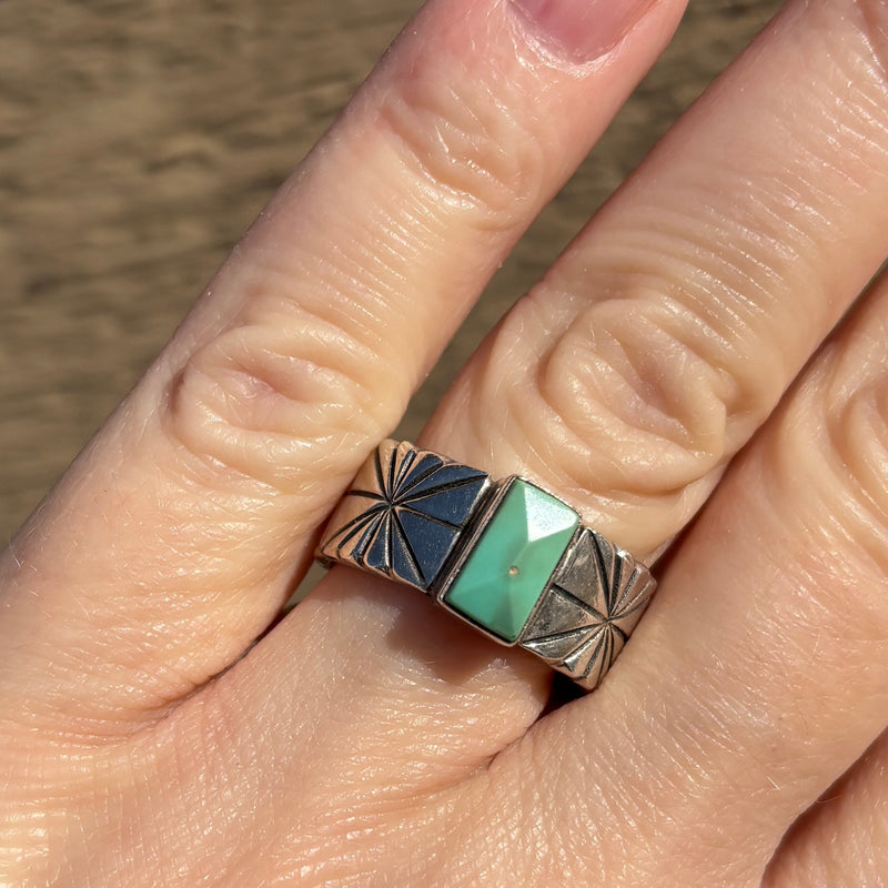 Royce "Eagle Boy" Kohlmeyer, Jemez Pueblo Sterling Silver and Turquoise Wide Band Ring, vintage Native American-size 8.5   (5/153)