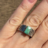 Royce "Eagle Boy" Kohlmeyer, Jemez Pueblo Sterling Silver and Turquoise Wide Band Ring, vintage Native American-size 8.5   (5/153)