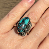 Royce "Eagle Boy" Kohlmeyer, Jemez Pueblo Sterling Silver and Turquoise Ring with Sunburst Shank, vintage Native American-size 6   (5/169)