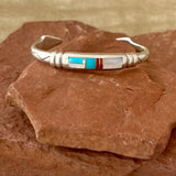 Authentic Inlay Cuff by Ray Tracey, Navajo - Turquoise, Mother of Pearl & Red Coral  (MC23)