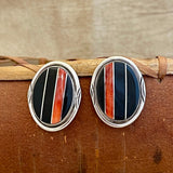 Navajo Sterling Silver Channel Inlay Earrings with Black Jet and Spiny Oyster Shell  (5/37)