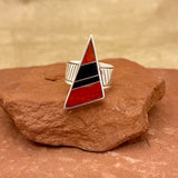 Pete Sanchez, Isleta Pueblo, Contemporary Flush Inlay Ring with Coral and Jet, Size 9 1/4    (5/9)