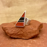Pete Sanchez, Isleta Pueblo, Contemporary Flush Inlay Ring with Coral and Jet, Size 9 1/4    (5/9)