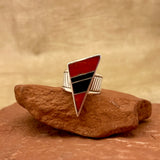 Pete Sanchez, Isleta Pueblo, Contemporary Flush Inlay Ring with Coral and Jet, Size 9 1/4    (5/9)