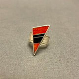 Pete Sanchez, Isleta Pueblo, Contemporary Flush Inlay Ring with Coral and Jet, Size 9 1/4    (5/9)