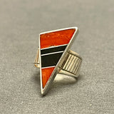 Pete Sanchez, Isleta Pueblo, Contemporary Flush Inlay Ring with Coral and Jet, Size 9 1/4    (5/9)