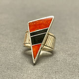 Pete Sanchez, Isleta Pueblo, Contemporary Flush Inlay Ring with Coral and Jet, Size 9 1/4    (5/9)