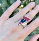 Pete Sanchez, Isleta Pueblo, Contemporary Flush Inlay Ring with Coral and Jet, Size 9 1/4    (5/9)