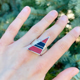 Pete Sanchez, Isleta Pueblo, Contemporary Flush Inlay Ring with Coral and Jet, Size 9 1/4    (5/9)