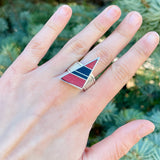 Pete Sanchez, Isleta Pueblo, Contemporary Flush Inlay Ring with Coral and Jet, Size 9 1/4    (5/9)
