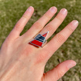 Pete Sanchez, Isleta Pueblo, Contemporary Flush Inlay Ring with Coral and Jet, Size 9 1/4    (5/9)
