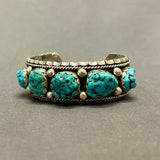 Authentic Navajo Stamped Sterling Silver Five Stone Bracelet with Natural Turquoise, vintage (5/117)