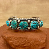 Authentic Navajo Stamped Sterling Silver Five Stone Bracelet with Natural Turquoise, vintage (5/117)