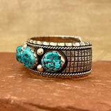 Authentic Navajo Stamped Sterling Silver Five Stone Bracelet with Natural Turquoise, vintage (5/117)