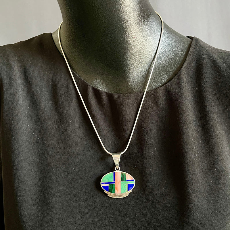 Ray Tracey Contemporary Sterling Silver and Multi-Stone Channel Inlay Pendant, authentic Navajo  (3/193)