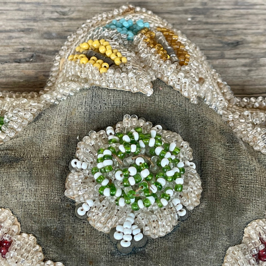 Authentic Iroquois Antique Beaded Pincushion - late 1800s Niagara-style Whimsy.  Thread sewn with glass beads on velvet (GM40)