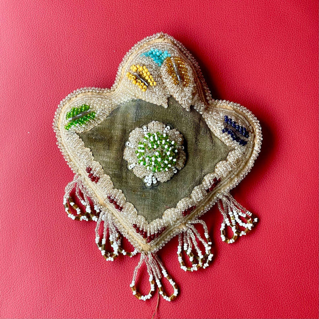 Authentic Iroquois Antique Beaded Pincushion - late 1800s Niagara-style Whimsy.  Thread sewn with glass beads on velvet (GM40)