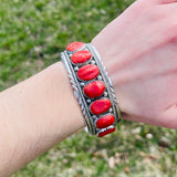 Robert and Bernice Leekya, Zuni Sterling Silver and Coral Nugget Cuff Bracelet, vintage Native American  (5/105)
