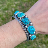 Authentic Navajo Stamped Sterling Silver Five Stone Bracelet with Natural Turquoise, vintage (5/117)