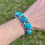 Authentic Navajo Stamped Sterling Silver Five Stone Bracelet with Natural Turquoise, vintage (5/117)