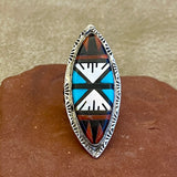 Zuni Inlay Sterling Silver Ring with Jet, Turquoise, Coral, and Mother of Pearl - size 7 1/4   (2/104)