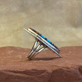 Zuni Inlay Sterling Silver Ring with Jet, Turquoise, Coral, and Mother of Pearl - size 7 1/4   (2/104)