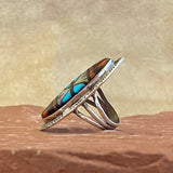 Zuni Inlay Sterling Silver Ring with Jet, Turquoise, Coral, and Mother of Pearl - size 7 1/4   (2/104)