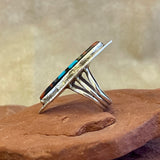 Zuni Inlay Sterling Silver Ring with Jet, Turquoise, Coral, and Mother of Pearl - size 7 1/4   (2/104)